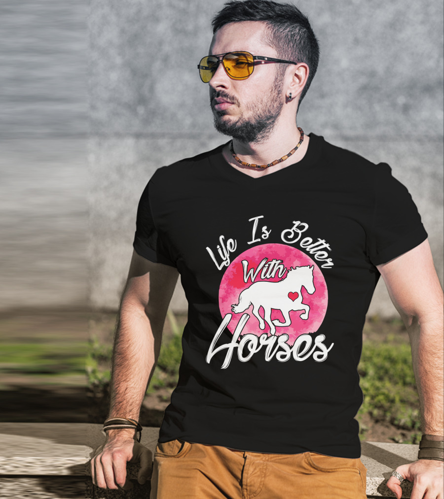 Life Is Better With Horses White Silhouette And Pink Watercolor Circle T-Shirt