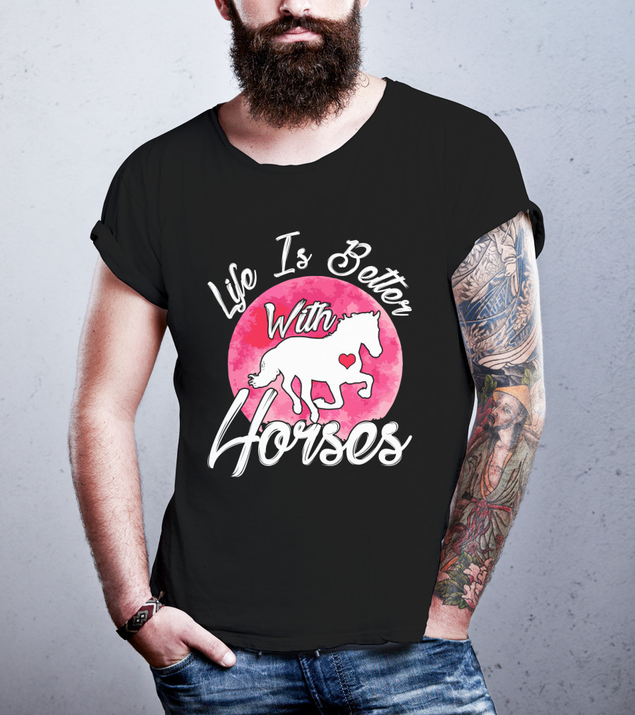 Life Is Better With Horses White Silhouette And Pink Watercolor Circle T-Shirt