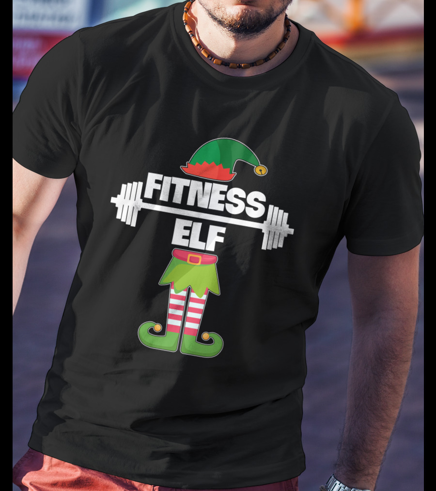 FITNESS ELF Workout Exercise Weight Lifter Barbell Holiday Humor T-Shirt
