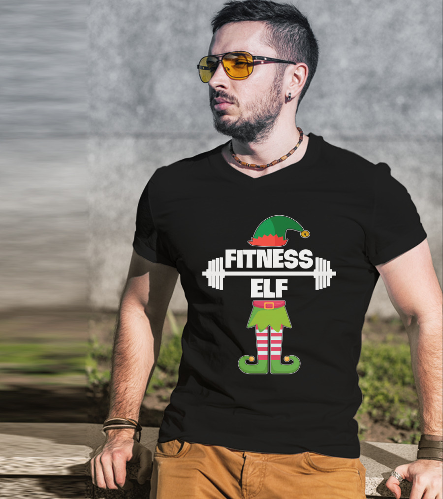 FITNESS ELF Workout Exercise Weight Lifter Barbell Holiday Humor T-Shirt