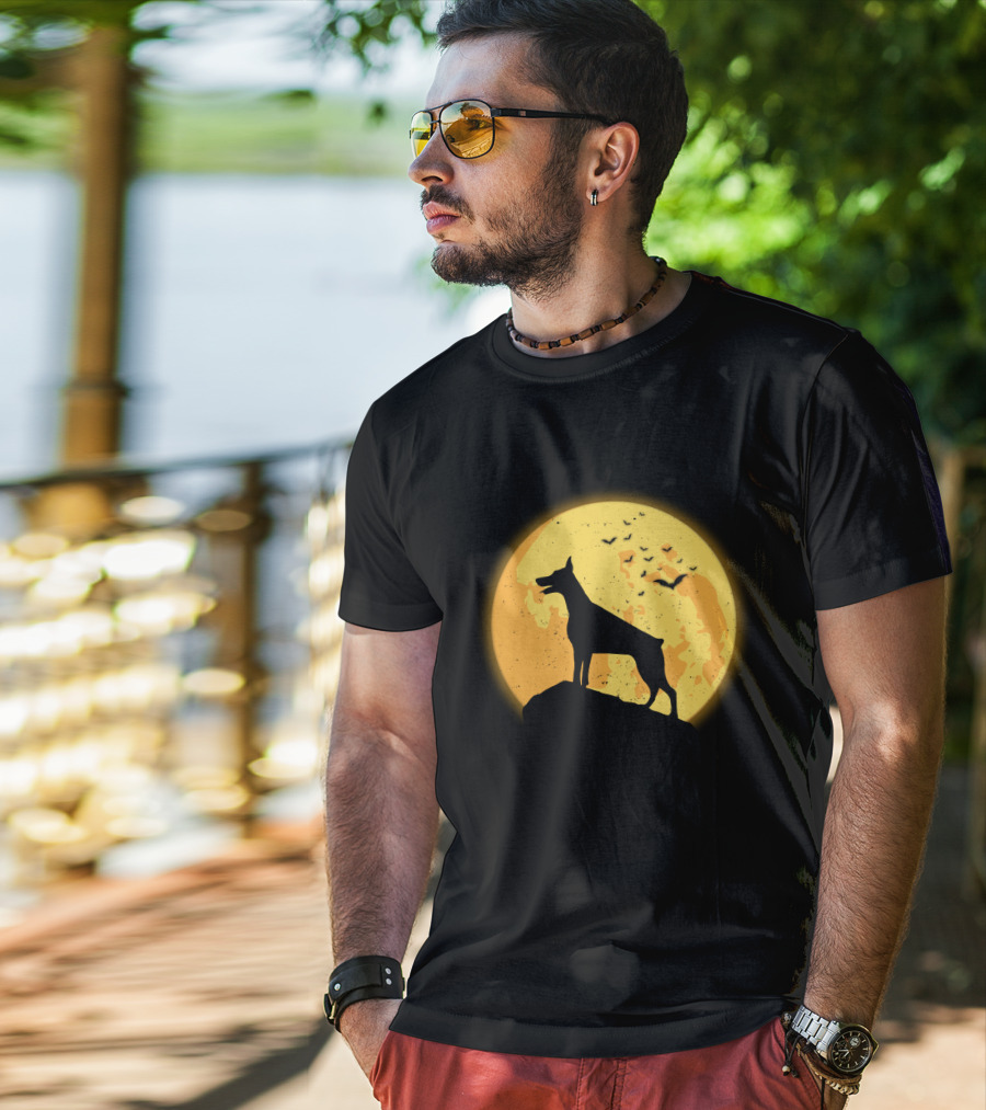 DOBERMAN Dog Silhouette Against Orange Moon Night Scene T-Shirt