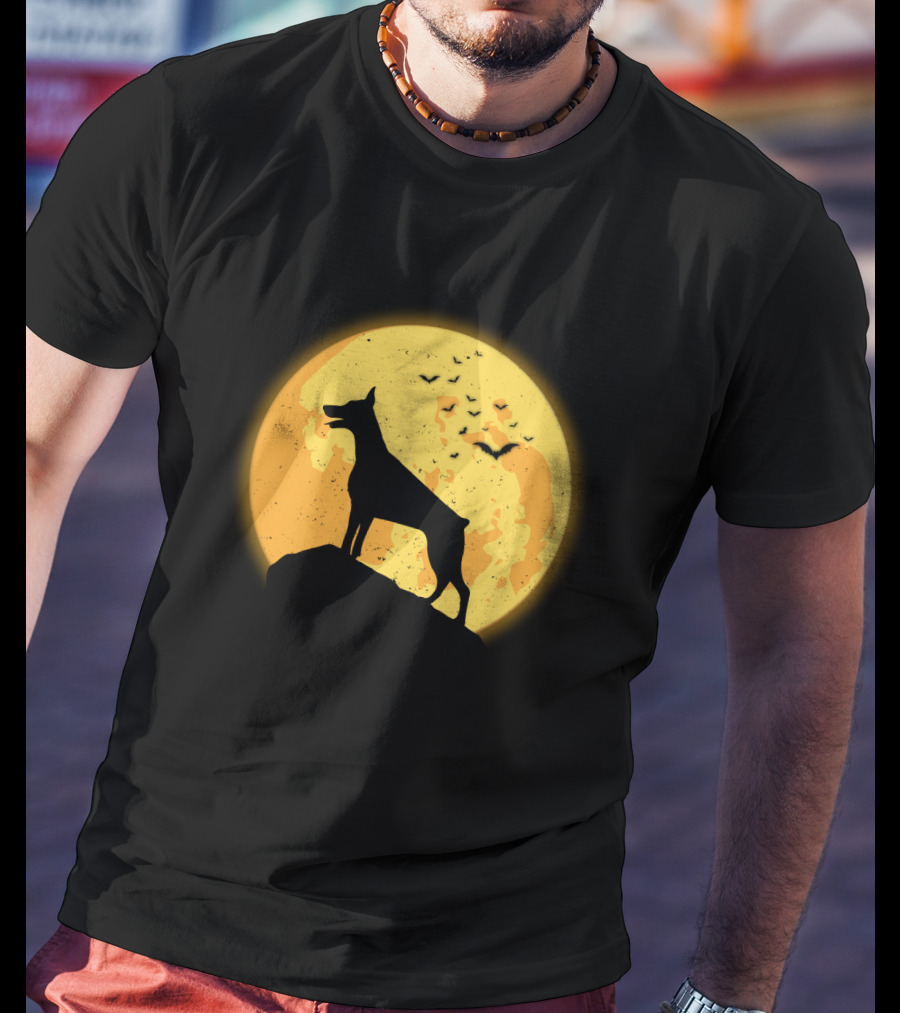 DOBERMAN Dog Silhouette Against Orange Moon Night Scene T-Shirt