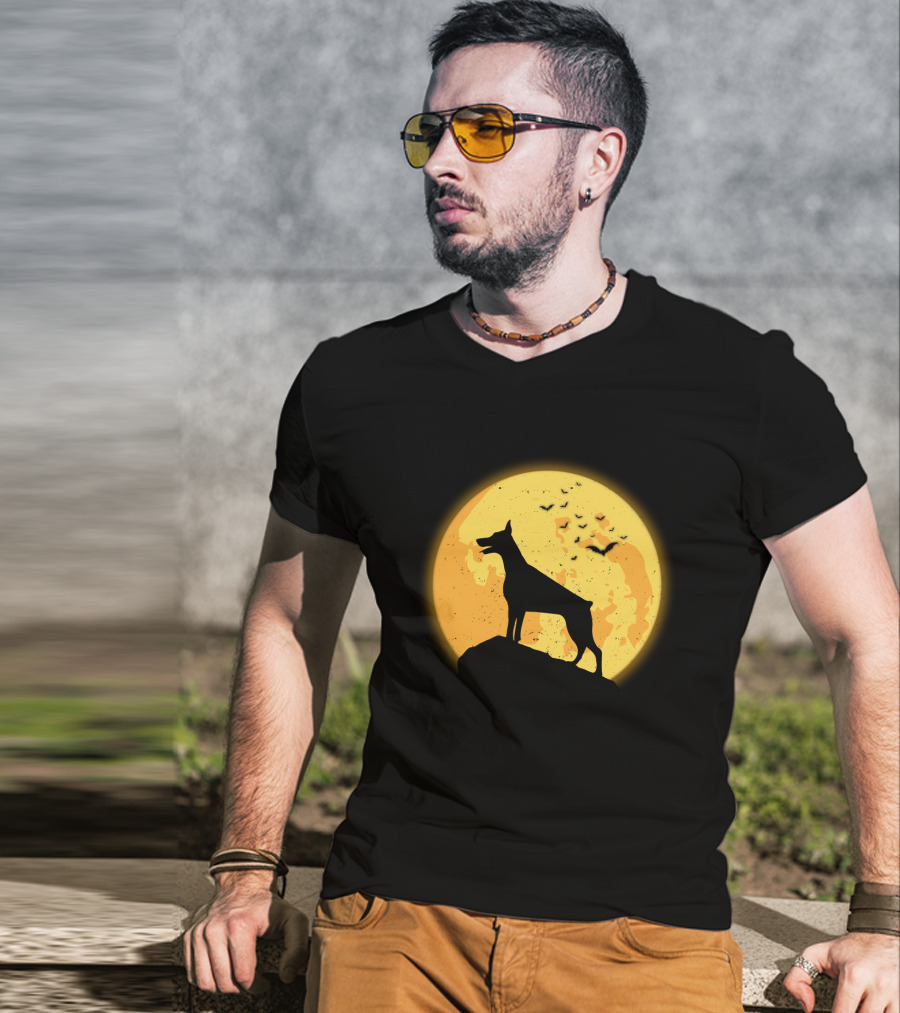DOBERMAN Dog Silhouette Against Orange Moon Night Scene T-Shirt