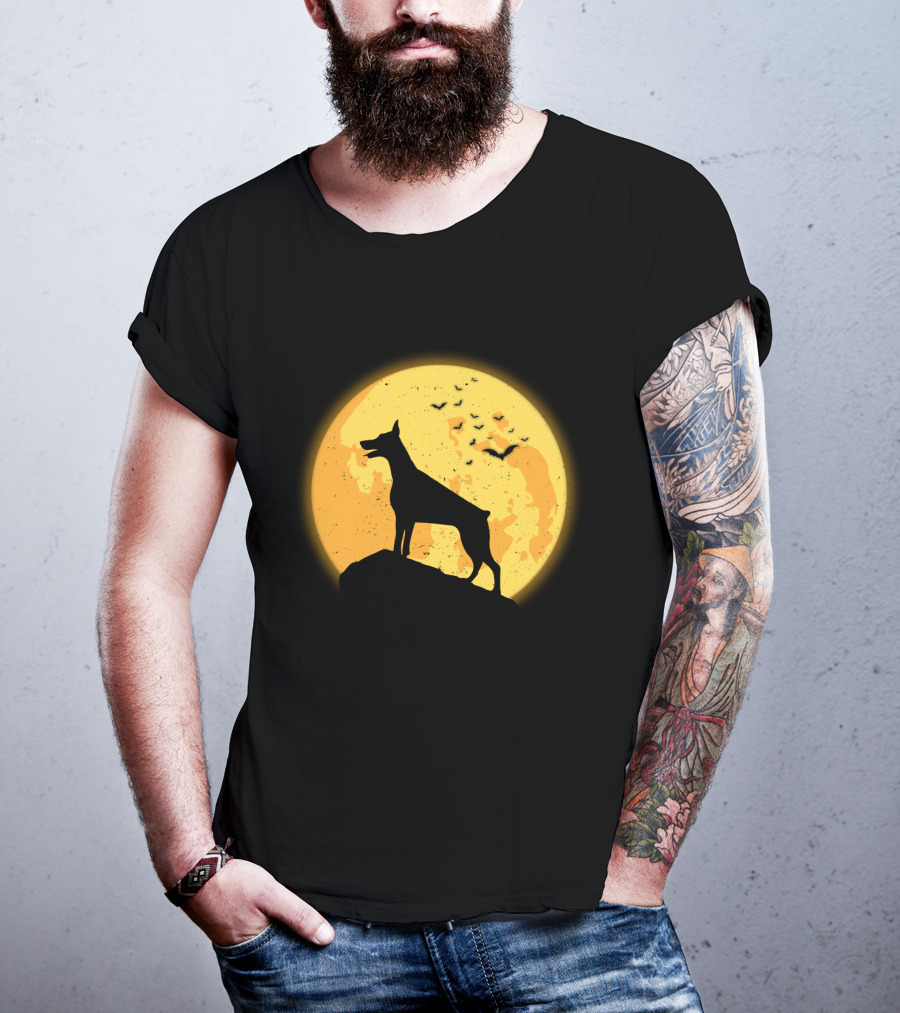 DOBERMAN Dog Silhouette Against Orange Moon Night Scene T-Shirt