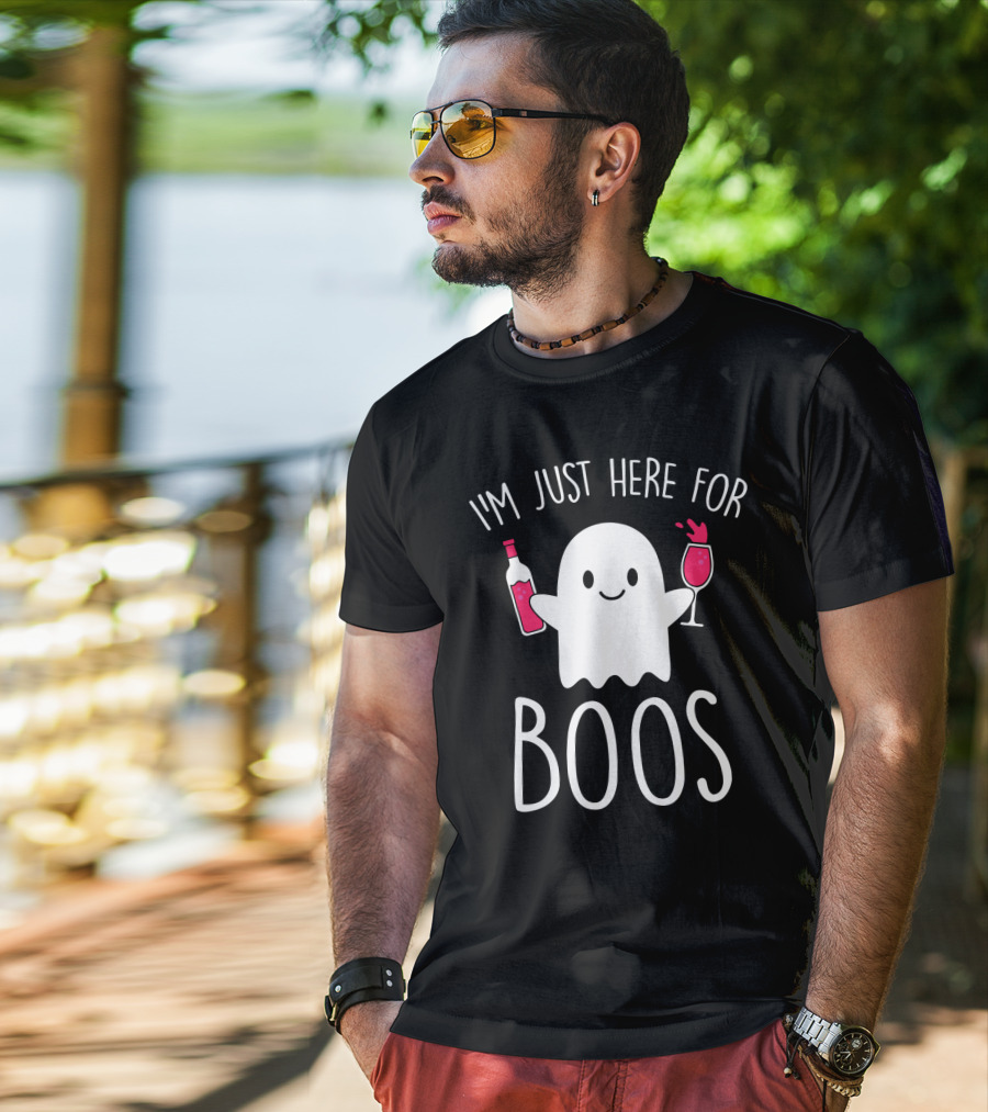 I'm Just Here For Boos Ghost Holding Wine Bottle And Glass T-Shirt