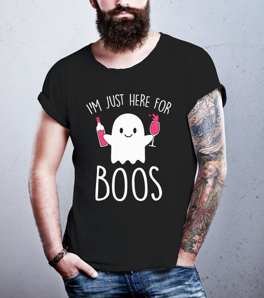 I'm Just Here For Boos Ghost Holding Wine Bottle And Glass T-Shirt