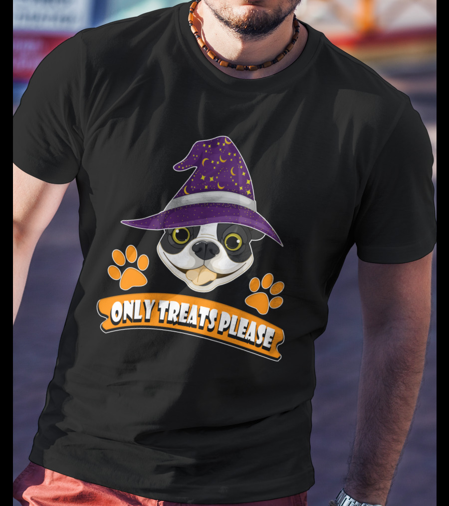 Boston Terrier Only Treats Please Wizard Hat And Paw Prints T-Shirt