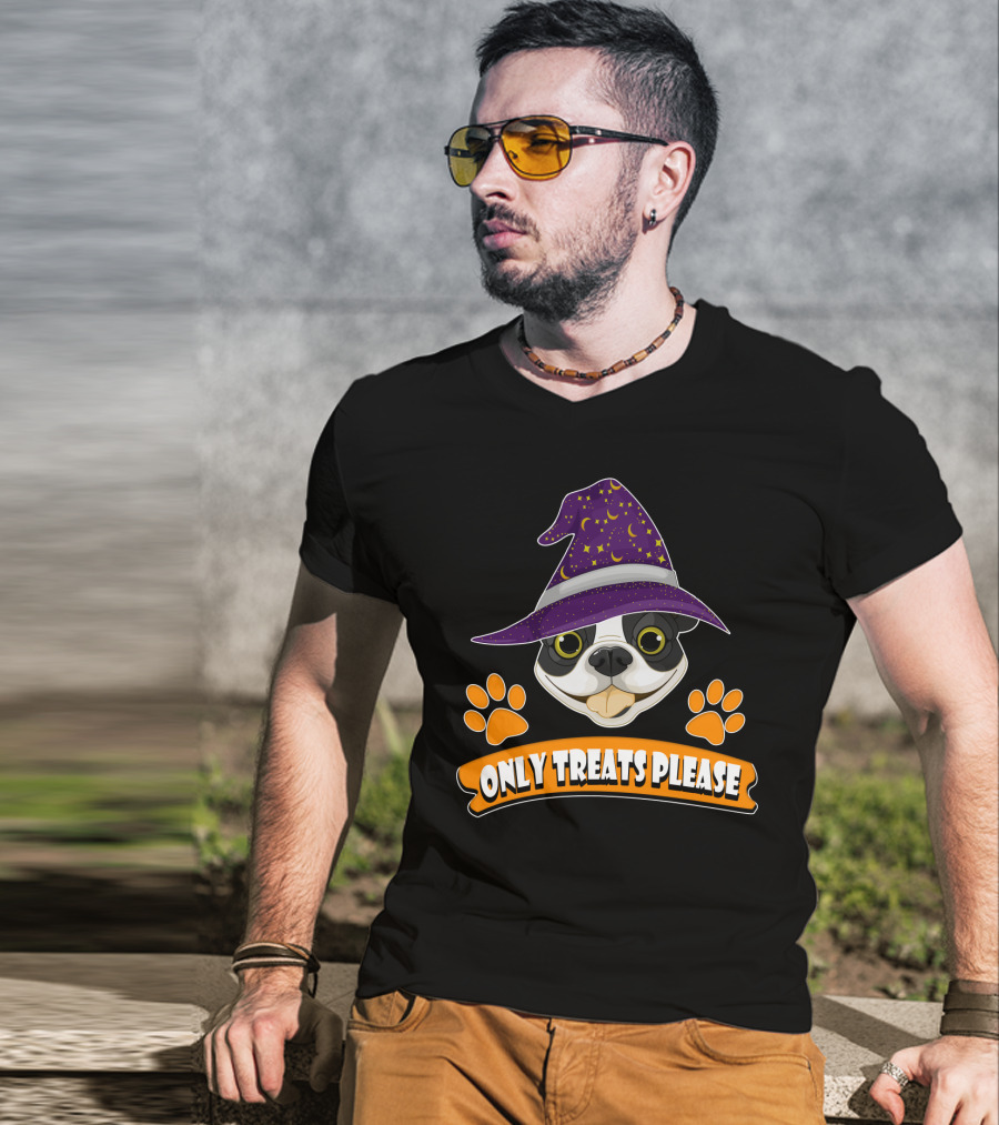 Boston Terrier Only Treats Please Wizard Hat And Paw Prints T-Shirt