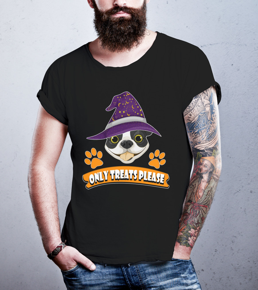 Boston Terrier Only Treats Please Wizard Hat And Paw Prints T-Shirt