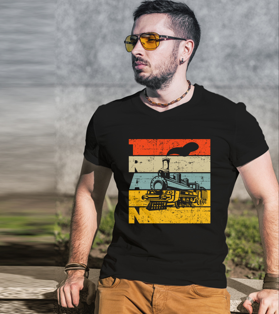 Vintage Train Retro Steam Locomotive Stripes T-Shirt