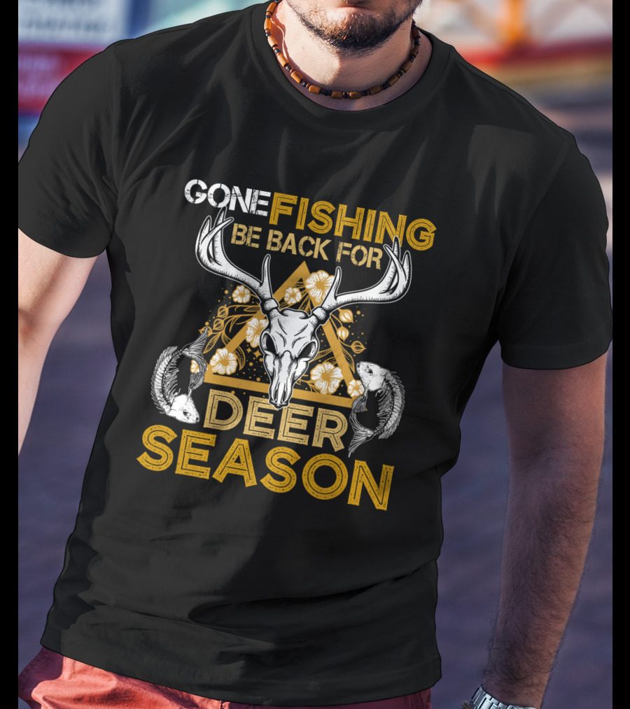 Gone Fishing Be Back For Deer Season Antler Skull Fish Floral Triangle T-Shirt