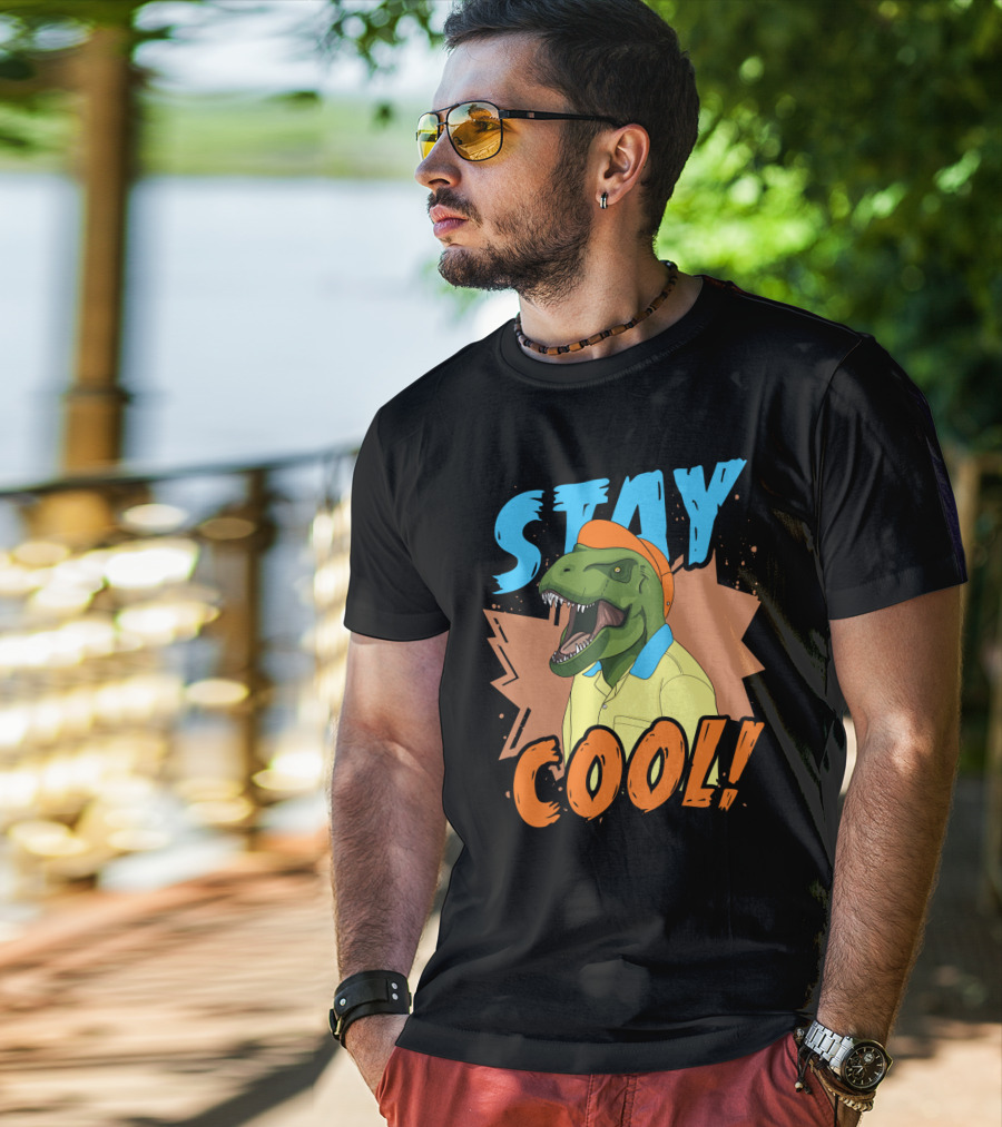 STAY COOL Dinosaur Wearing Bright Shirt And Cap T-Shirt