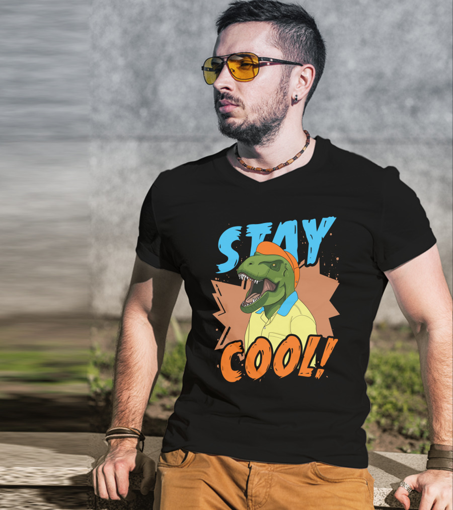 STAY COOL Dinosaur Wearing Bright Shirt And Cap T-Shirt