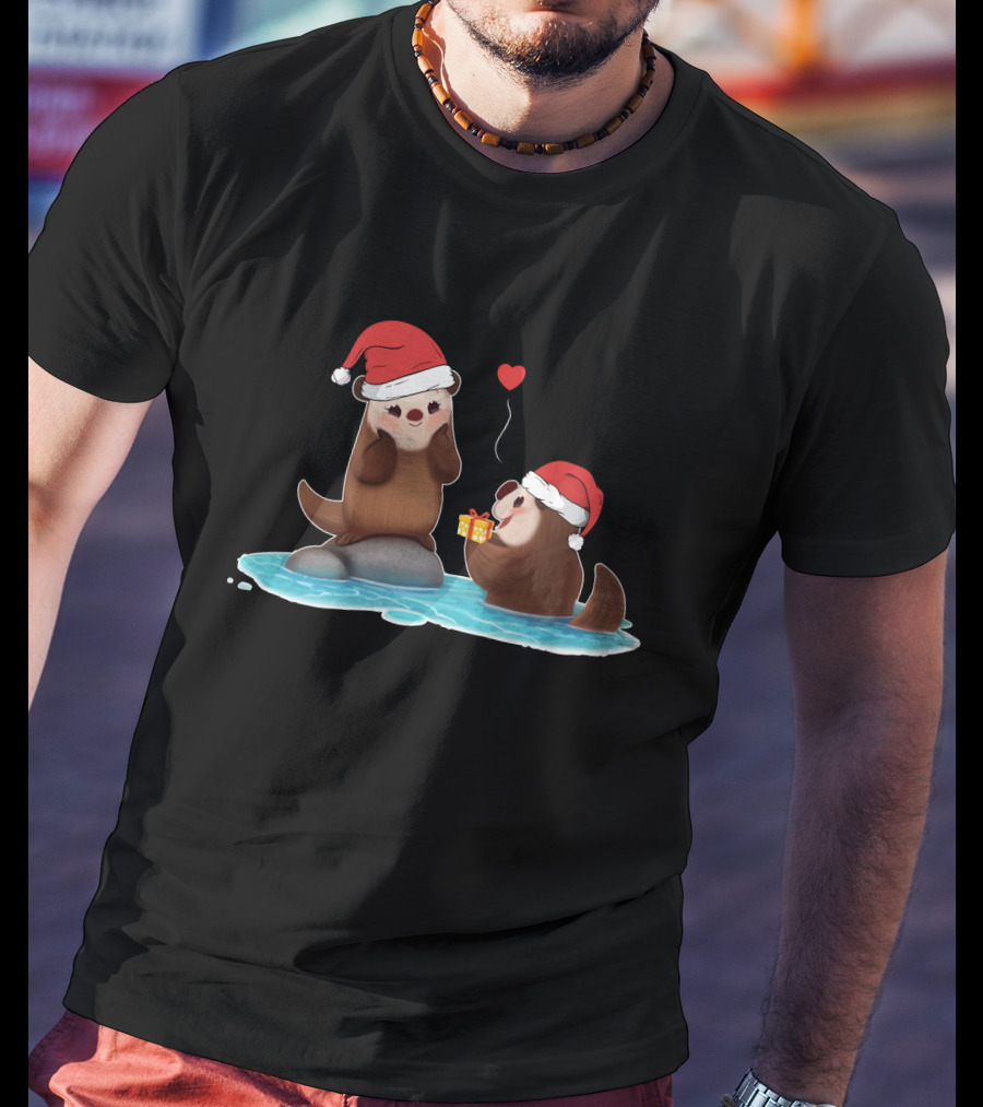 Cute Otter Santa With Gift And Heart On Ice T-Shirt