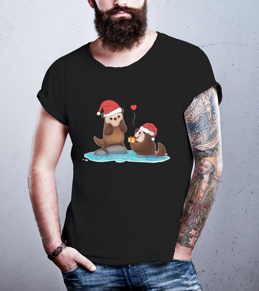 Cute Otter Santa With Gift And Heart On Ice T-Shirt