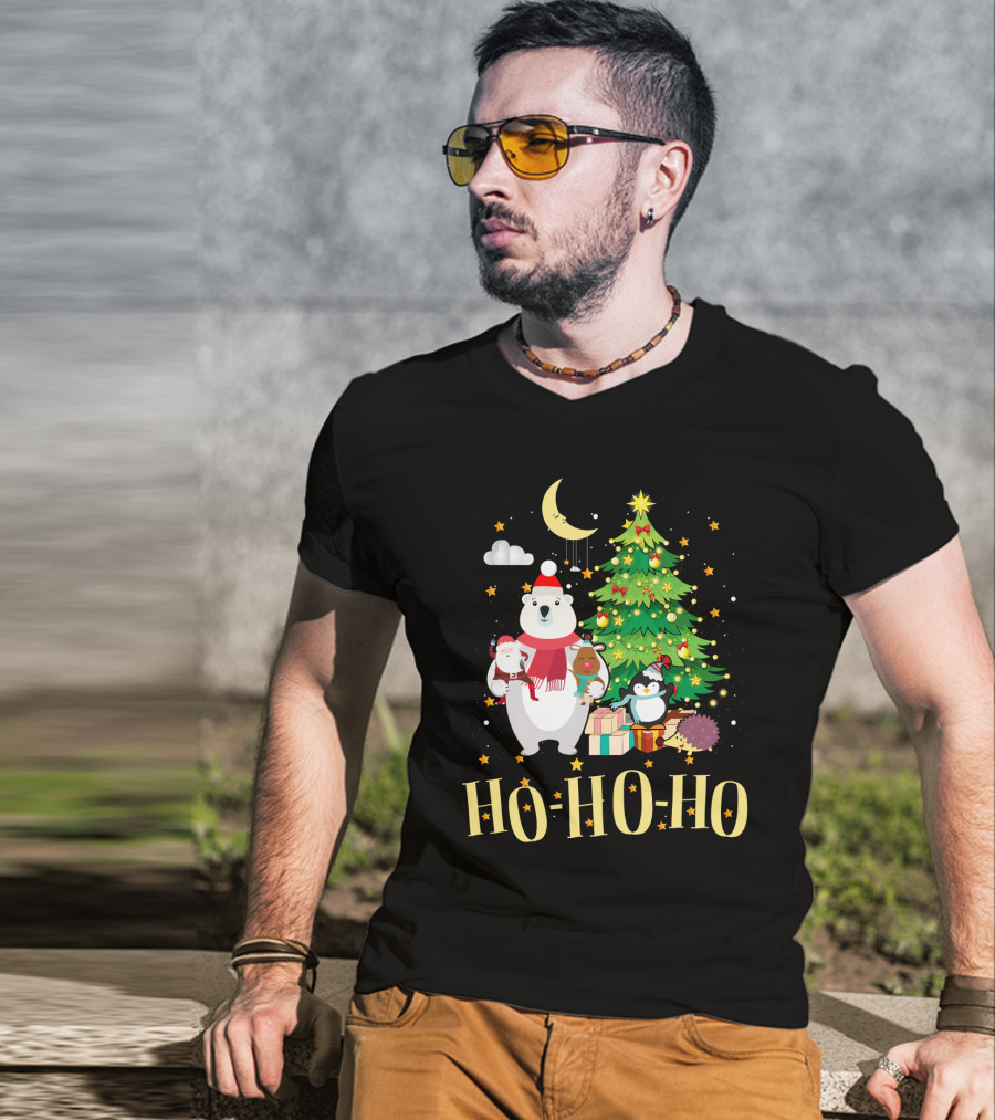 HO HO HO Christmas Dreams Polar Bear Santa Penguin Tree T-Shirt