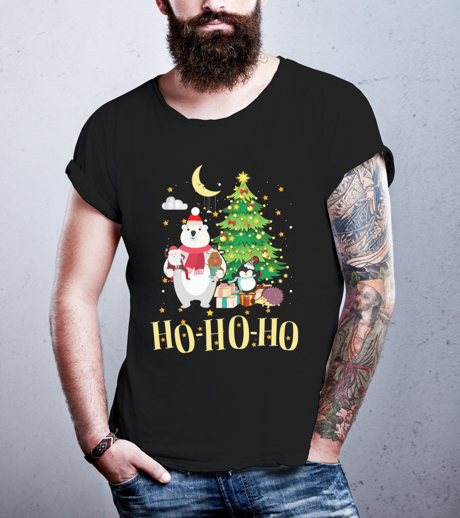 HO HO HO Christmas Dreams Polar Bear Santa Penguin Tree T-Shirt