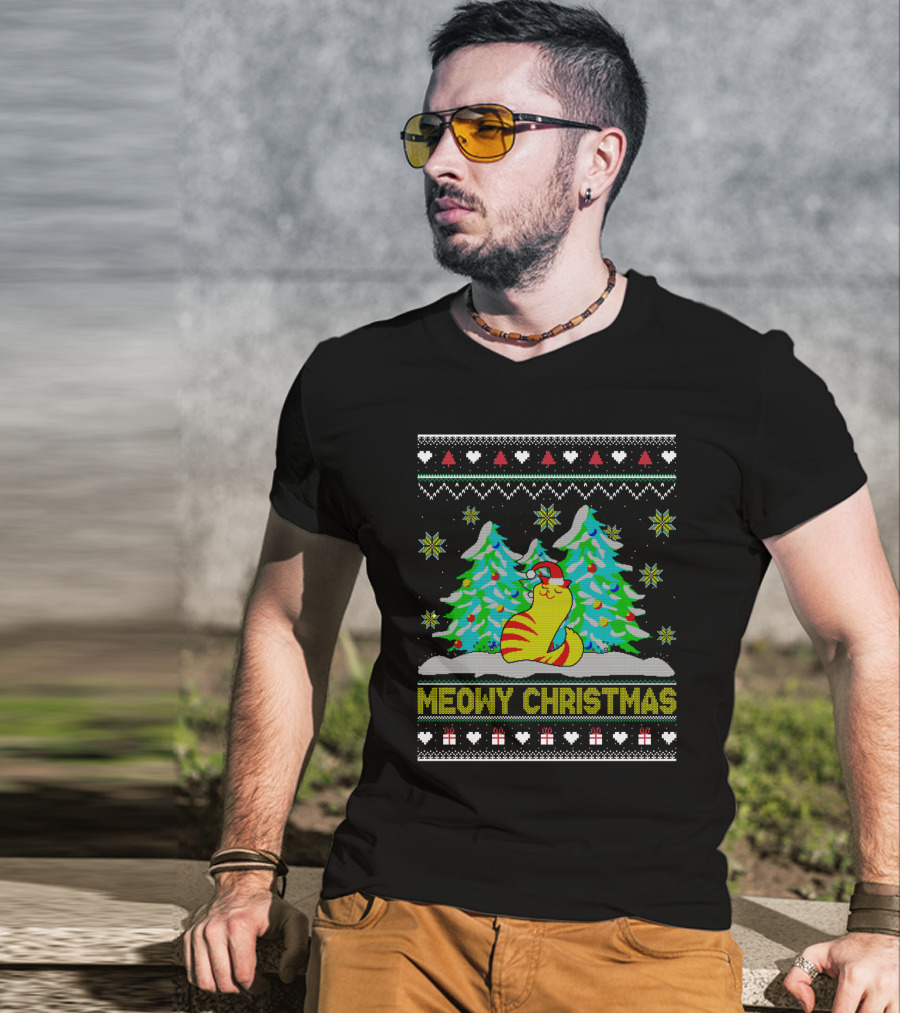 Meowy Christmas Cat Lover Ugly Christmas T-Shirt