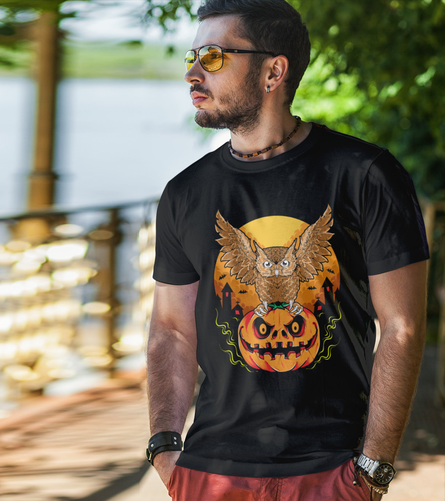 Owl Perched On Halloween Pumpkin With Haunted Houses And Bats T-Shirt