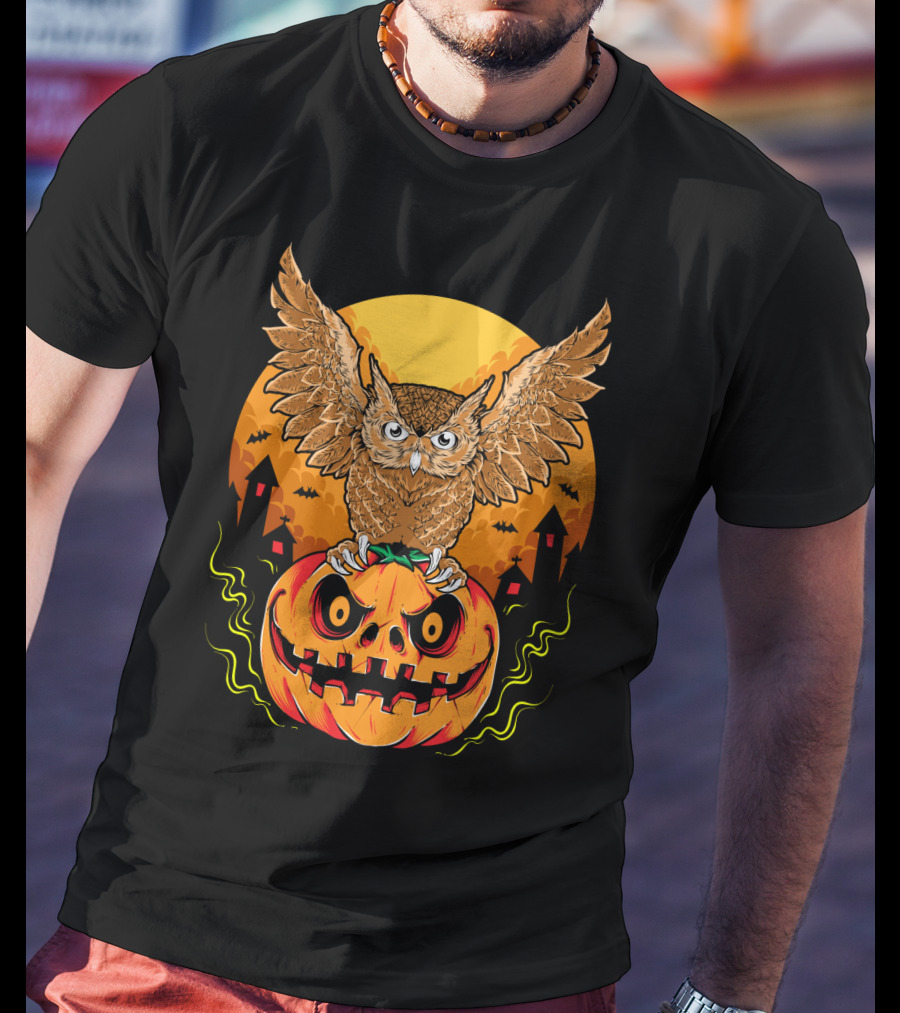 Owl Perched On Halloween Pumpkin With Haunted Houses And Bats T-Shirt