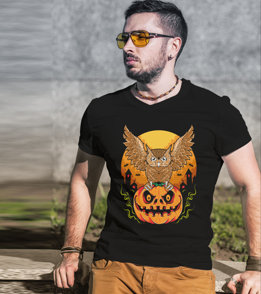 Owl Perched On Halloween Pumpkin With Haunted Houses And Bats T-Shirt
