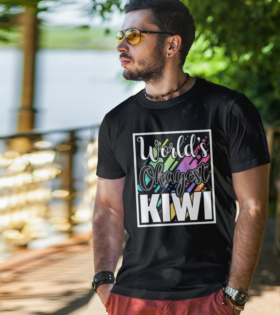 World's Okayest Kiwi Colorful Rainbow Stripes T-Shirt