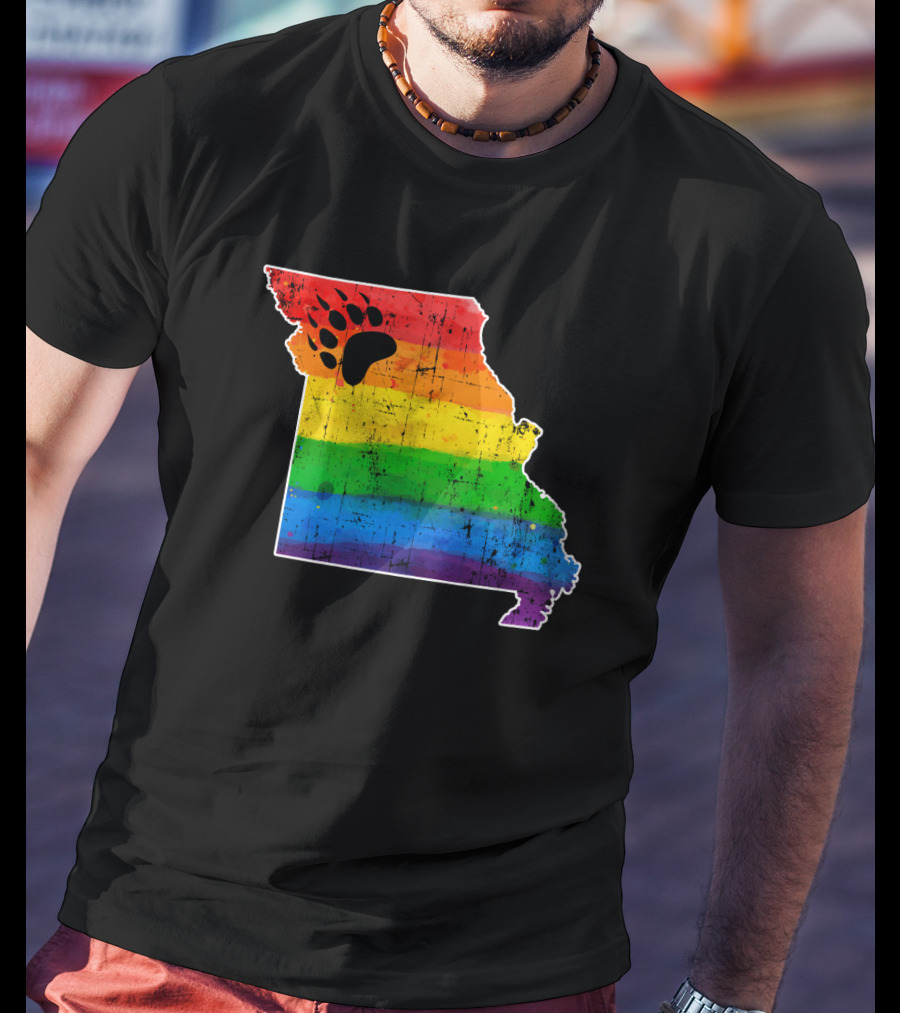Missouri State Shape With Rainbow Bear Paw Pride Flag T-Shirt