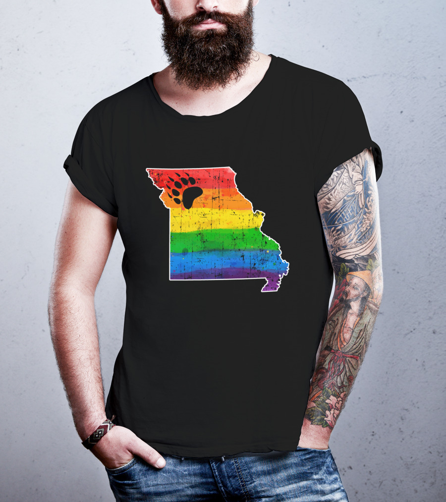 Missouri State Shape With Rainbow Bear Paw Pride Flag T-Shirt