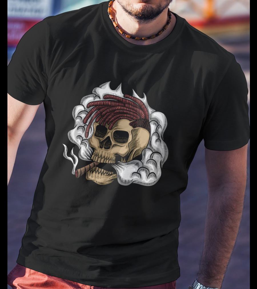 Skull Smoke Cigar With Red Braided Hair And White Smoke Plumes T-Shirt