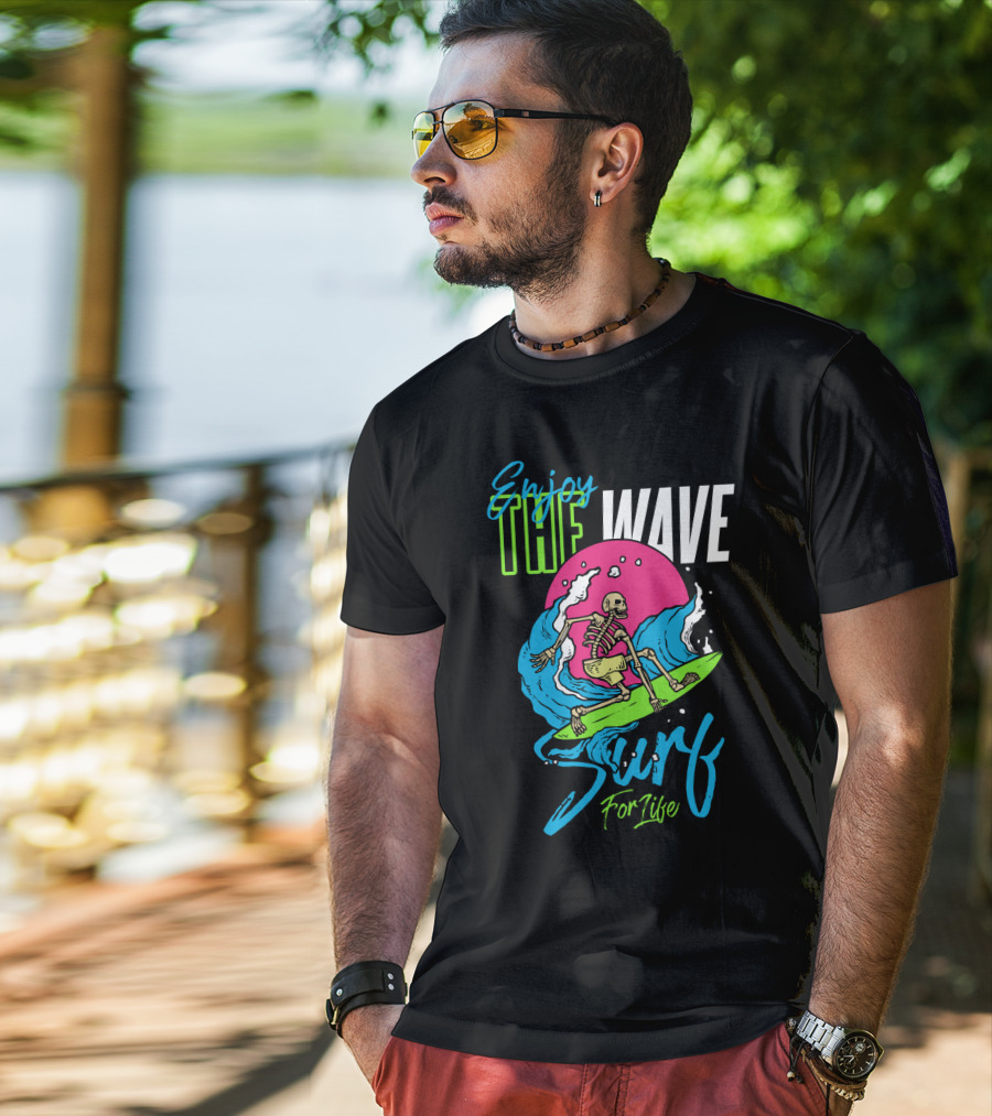 Enjoy The Wave Surf For Life Skull Surfing Summer T-Shirt