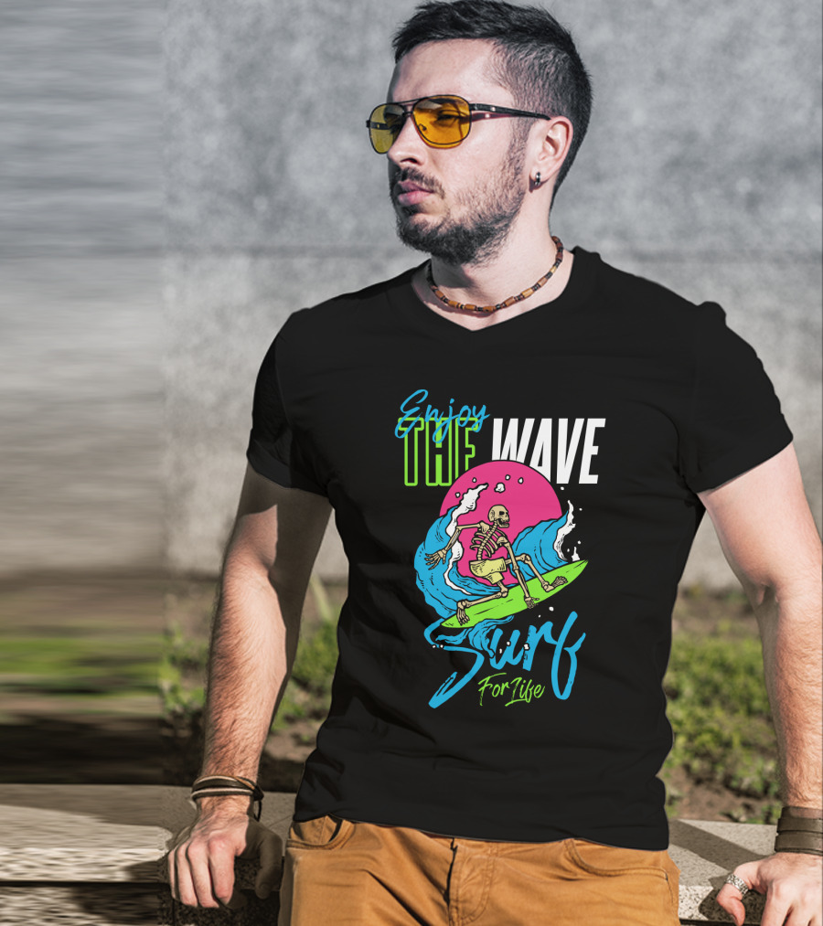 Enjoy The Wave Surf For Life Skull Surfing Summer T-Shirt