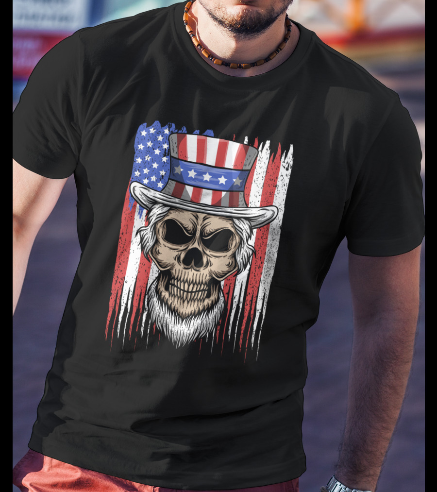 Skull Uncle Sam American Flag Hat T-Shirt