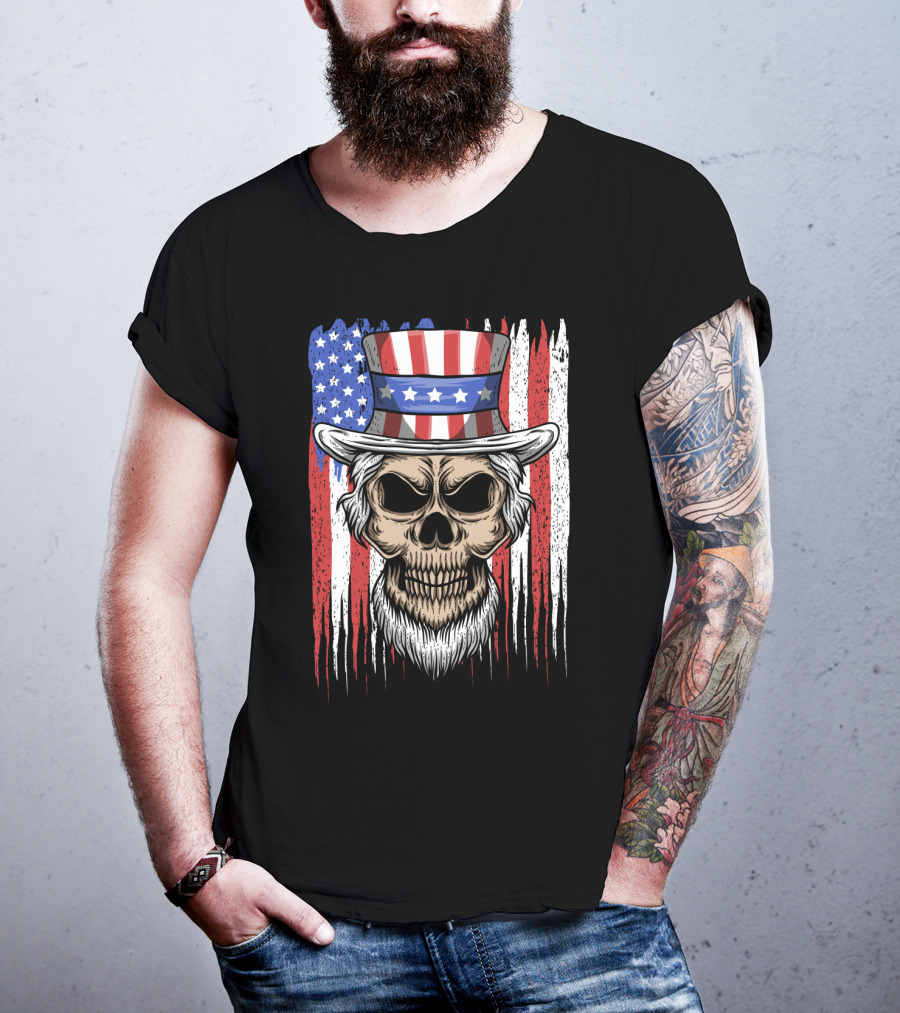 Skull Uncle Sam American Flag Hat T-Shirt