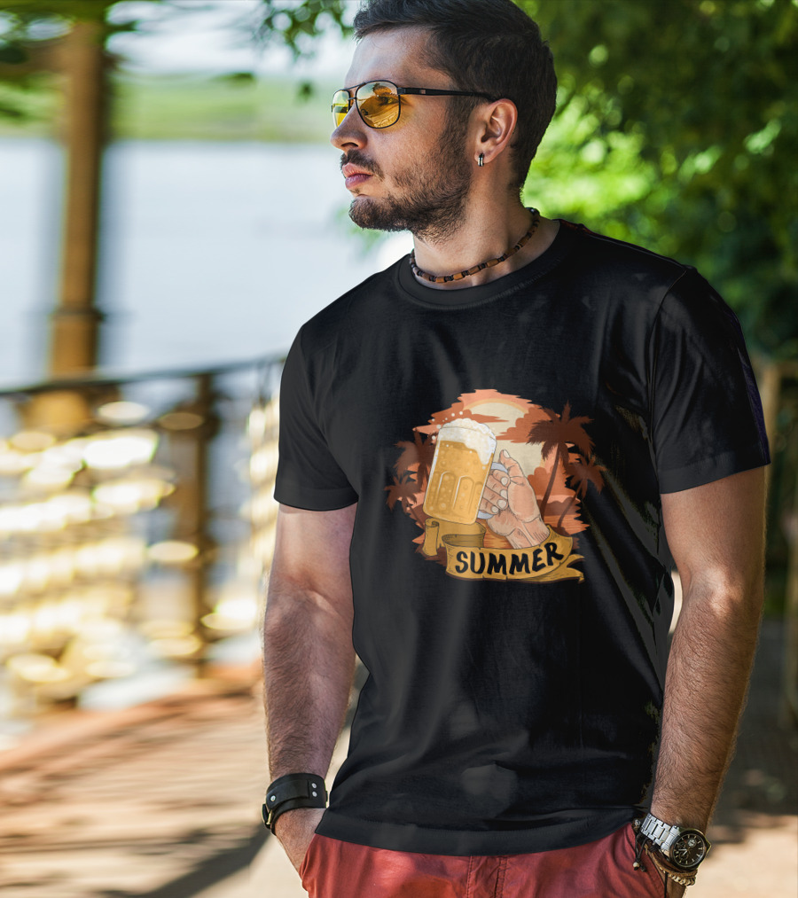 Summer Beach Beer Cheers At Sunset Palm Landscape T-Shirt