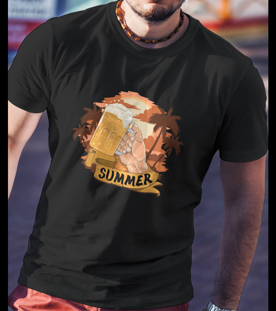 Summer Beach Beer Cheers At Sunset Palm Landscape T-Shirt