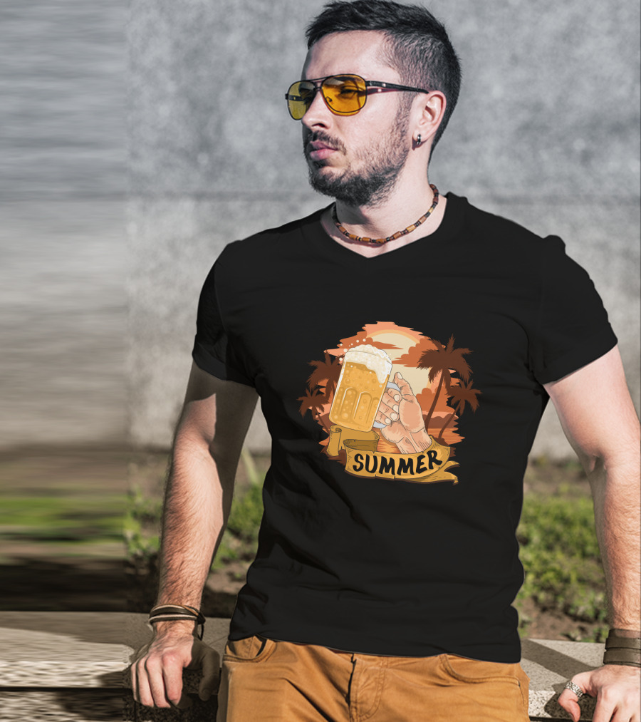 Summer Beach Beer Cheers At Sunset Palm Landscape T-Shirt