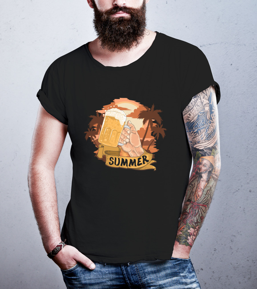 Summer Beach Beer Cheers At Sunset Palm Landscape T-Shirt