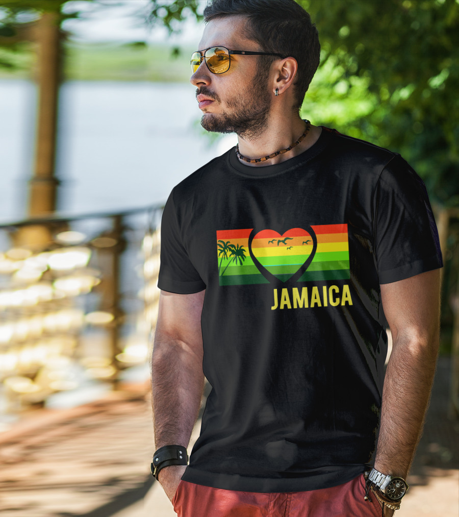 Jamaica Heart Rasta Reggae Sunset With Palm Trees And Birds T-Shirt