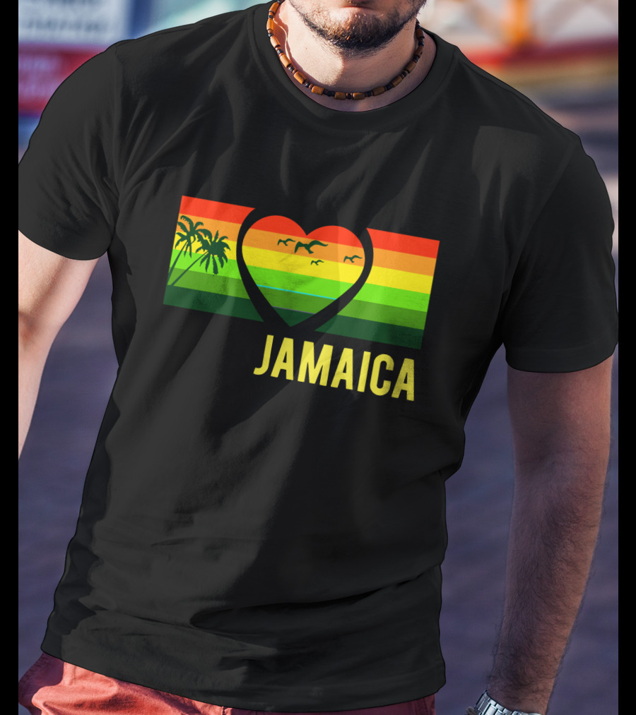 Jamaica Heart Rasta Reggae Sunset With Palm Trees And Birds T-Shirt