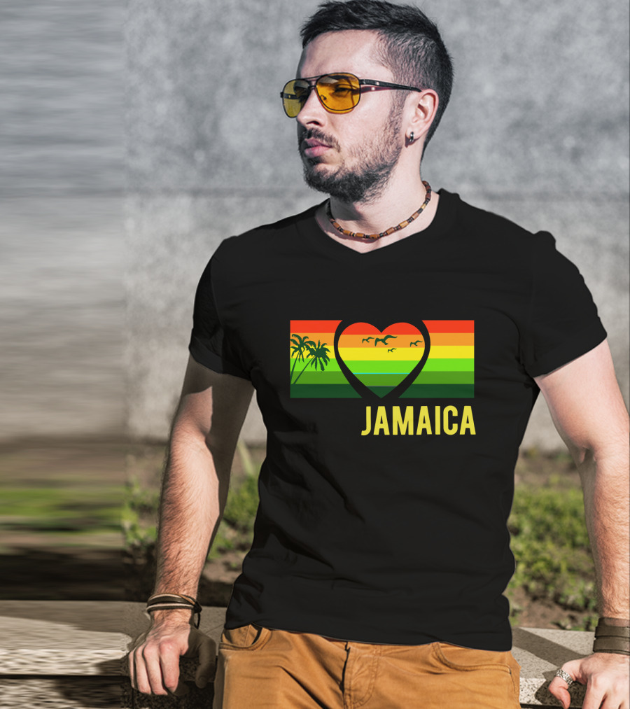 Jamaica Heart Rasta Reggae Sunset With Palm Trees And Birds T-Shirt