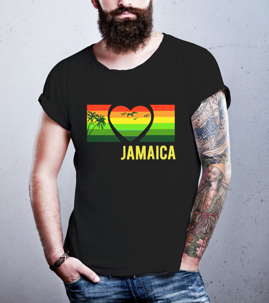 Jamaica Heart Rasta Reggae Sunset With Palm Trees And Birds T-Shirt