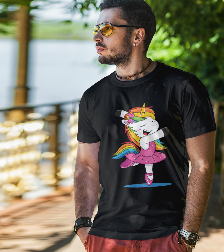 Unicorn Ballet Rainbow Dancer With Pink Tutu And Flower Bow T-Shirt