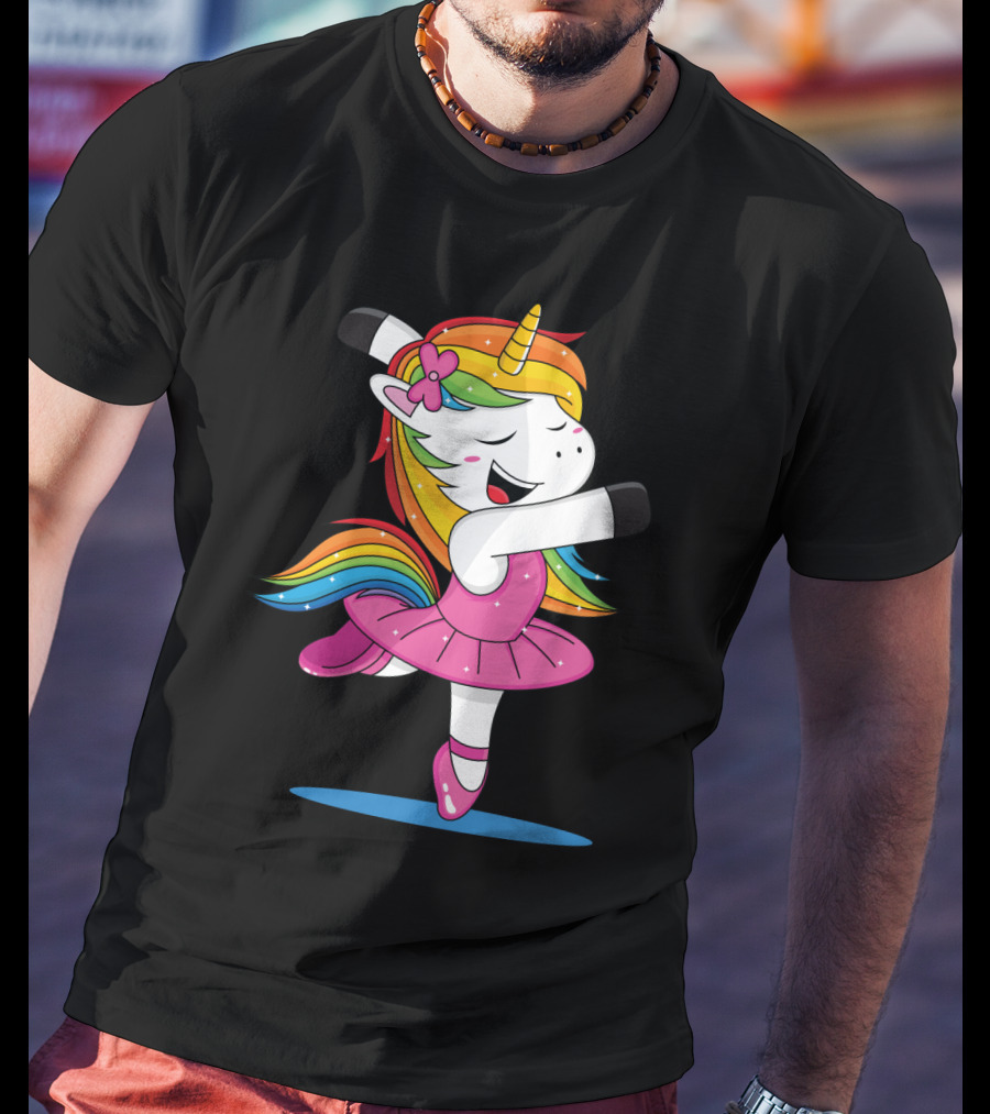 Unicorn Ballet Rainbow Dancer With Pink Tutu And Flower Bow T-Shirt
