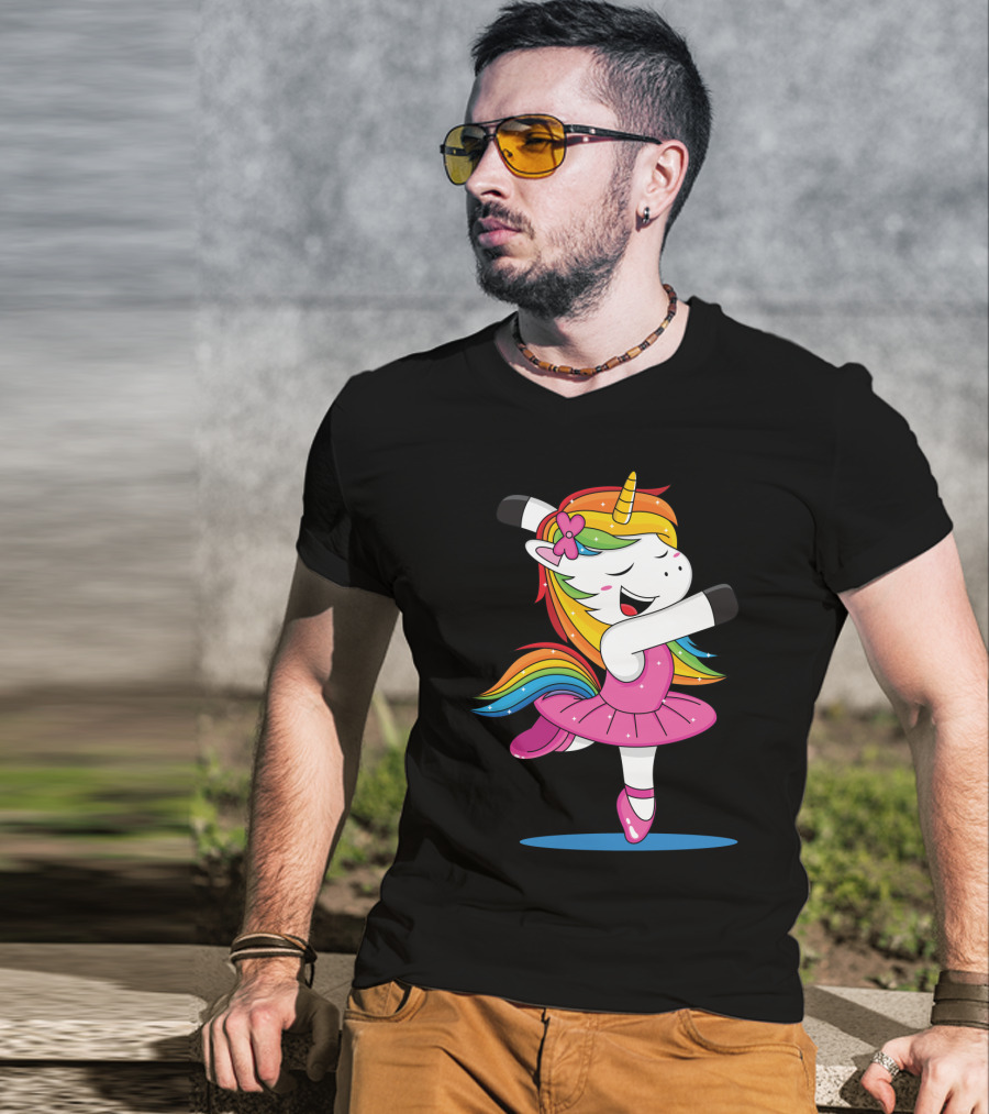Unicorn Ballet Rainbow Dancer With Pink Tutu And Flower Bow T-Shirt