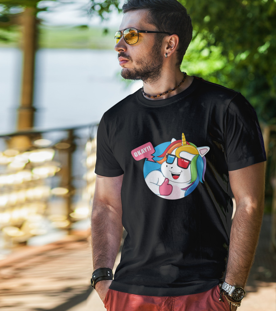 OKAY Unicorn Expression Rainbow Sunglasses Thumbs Up T-Shirt