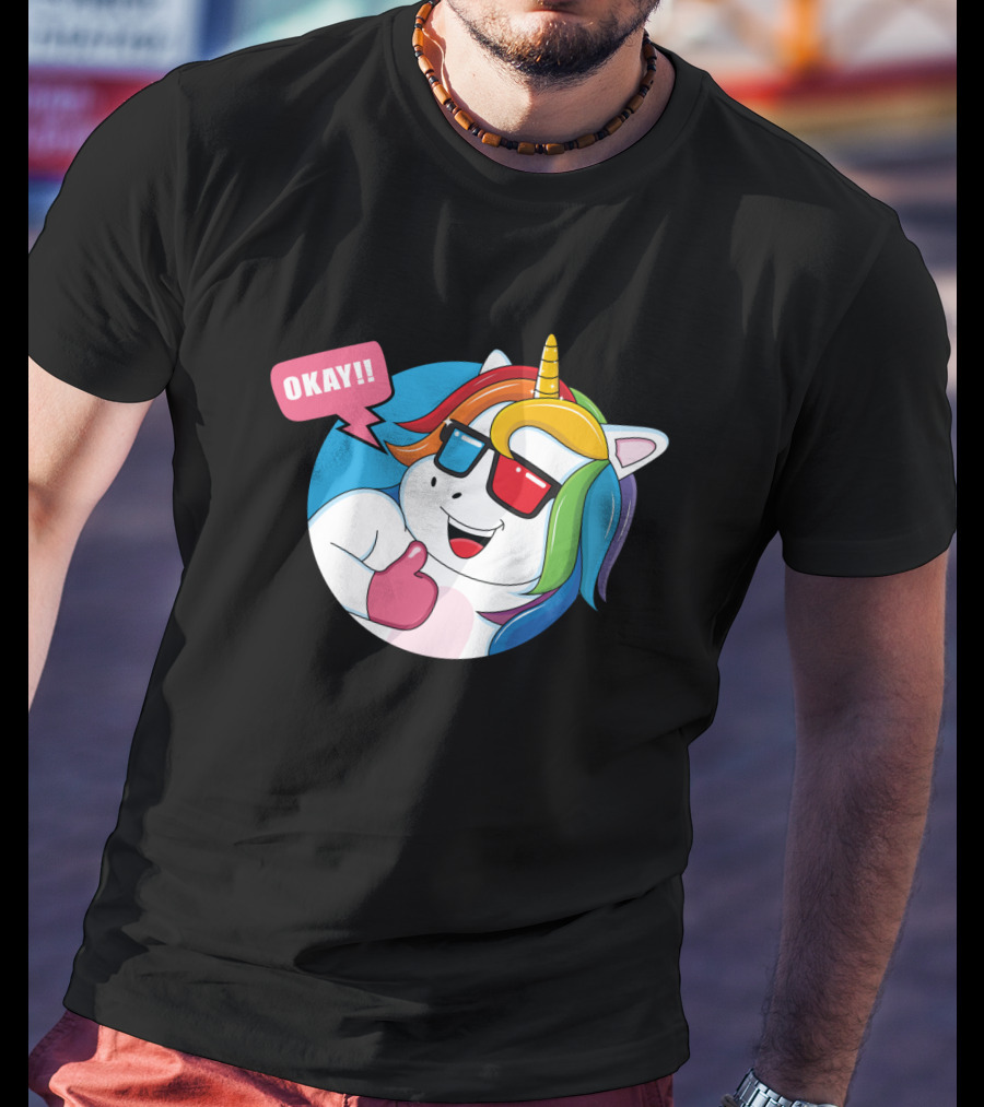 OKAY Unicorn Expression Rainbow Sunglasses Thumbs Up T-Shirt