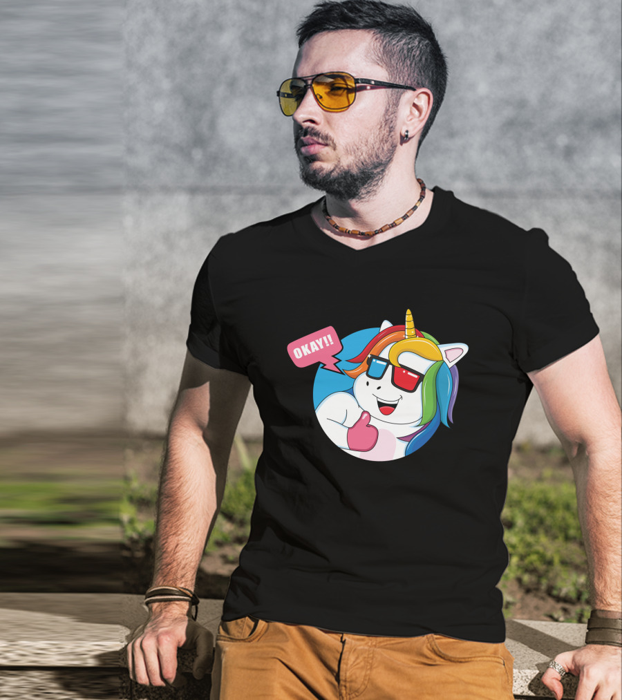 OKAY Unicorn Expression Rainbow Sunglasses Thumbs Up T-Shirt