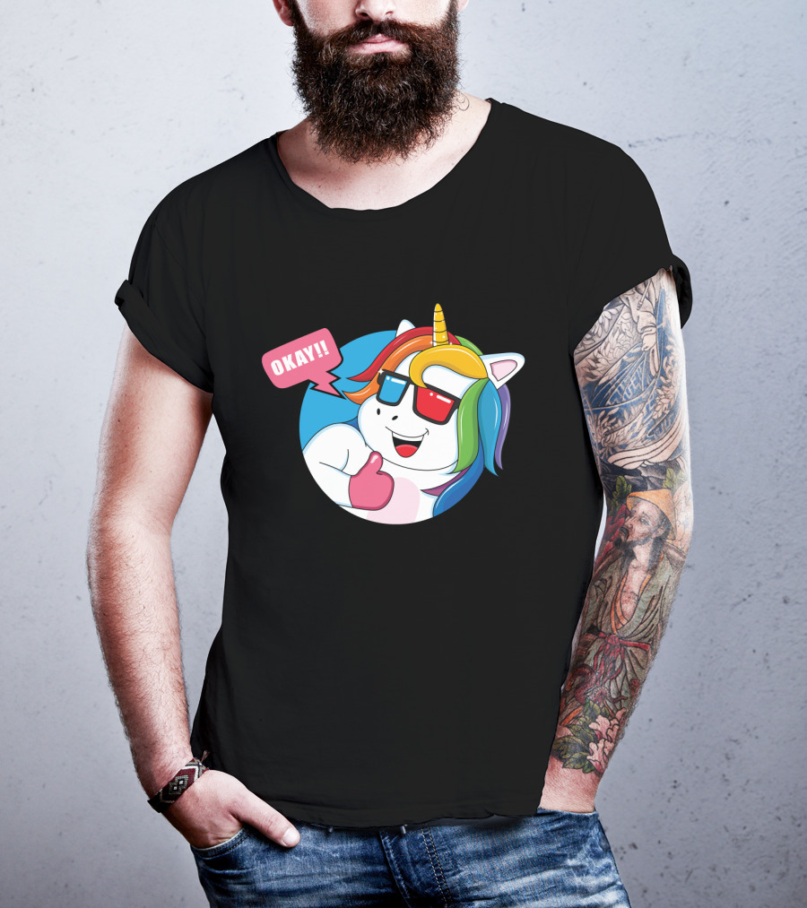 OKAY Unicorn Expression Rainbow Sunglasses Thumbs Up T-Shirt
