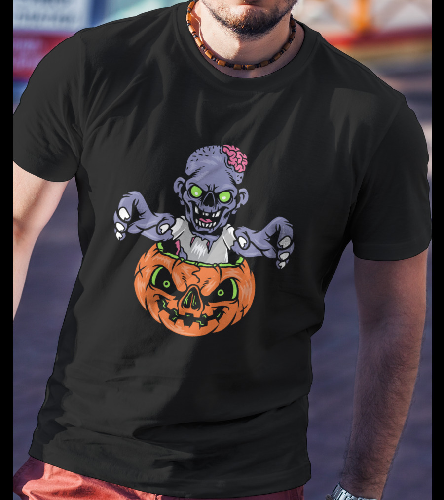 Zombie In Pumpkin With Glowing Eyes And Brain T-Shirt
