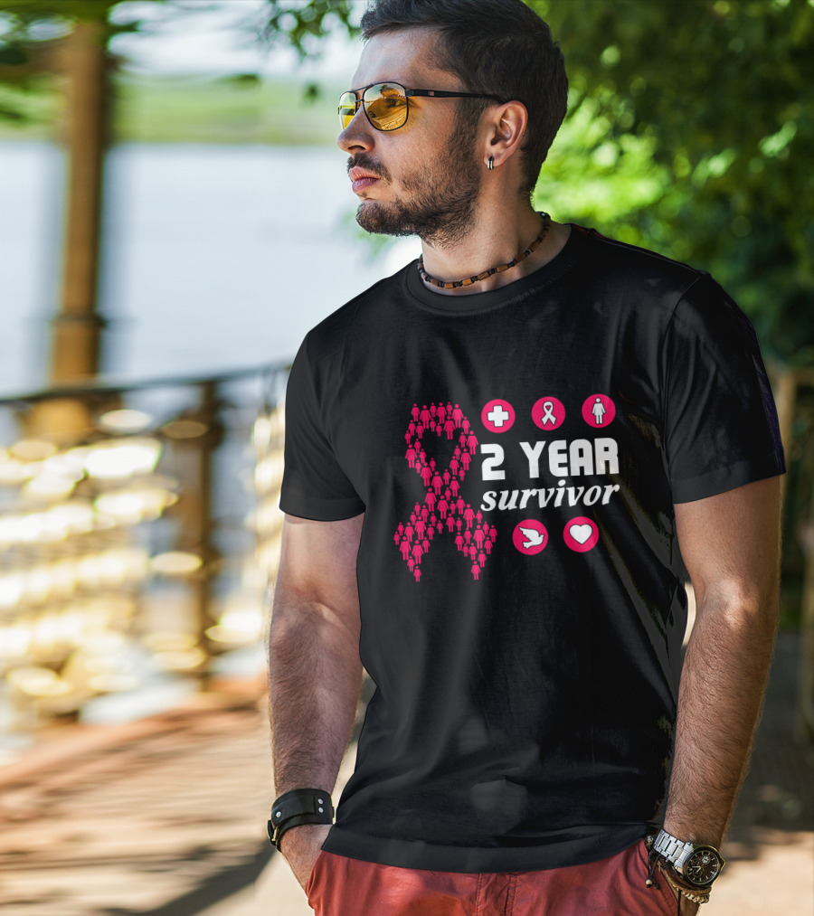 2 Year Survivor Pink Ribbon Breast Cancer Awareness Icons T-Shirt